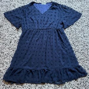 Blue Dress with Textured Polka Dots and Ruffle Hem